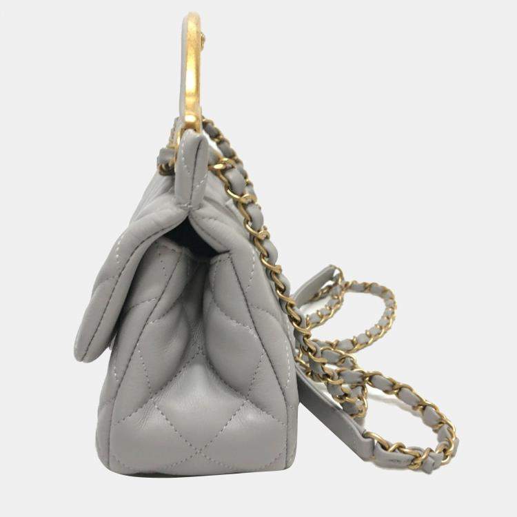 Pre Owned Chanel Lady Handle Small Grey Calfskin Quilted Clutch With Chain