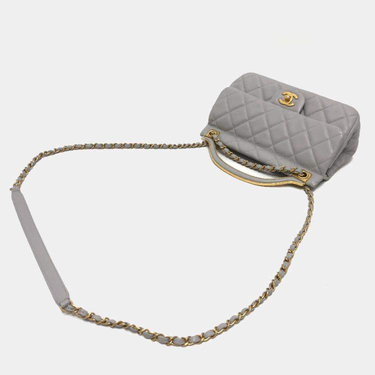 Pre Owned Chanel Lady Handle Small Grey Calfskin Quilted Clutch With Chain