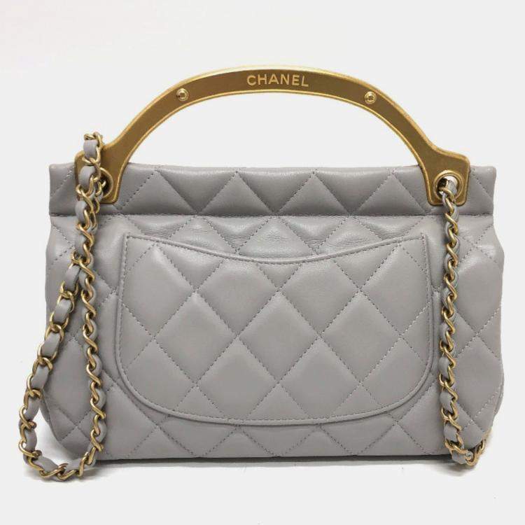 Pre Owned Chanel Lady Handle Small Grey Calfskin Quilted Clutch With Chain