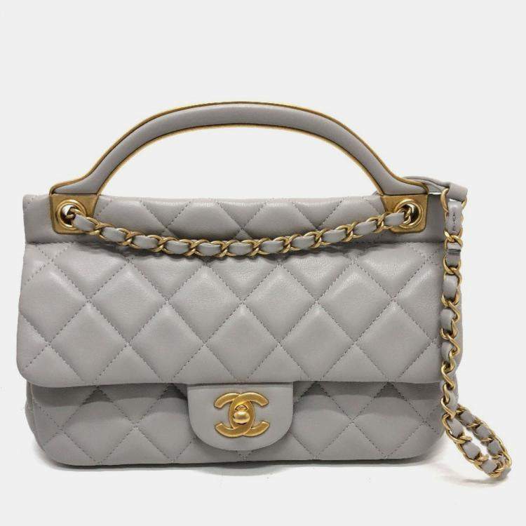 Pre Owned Chanel Lady Handle Small Grey Calfskin Quilted Clutch With Chain