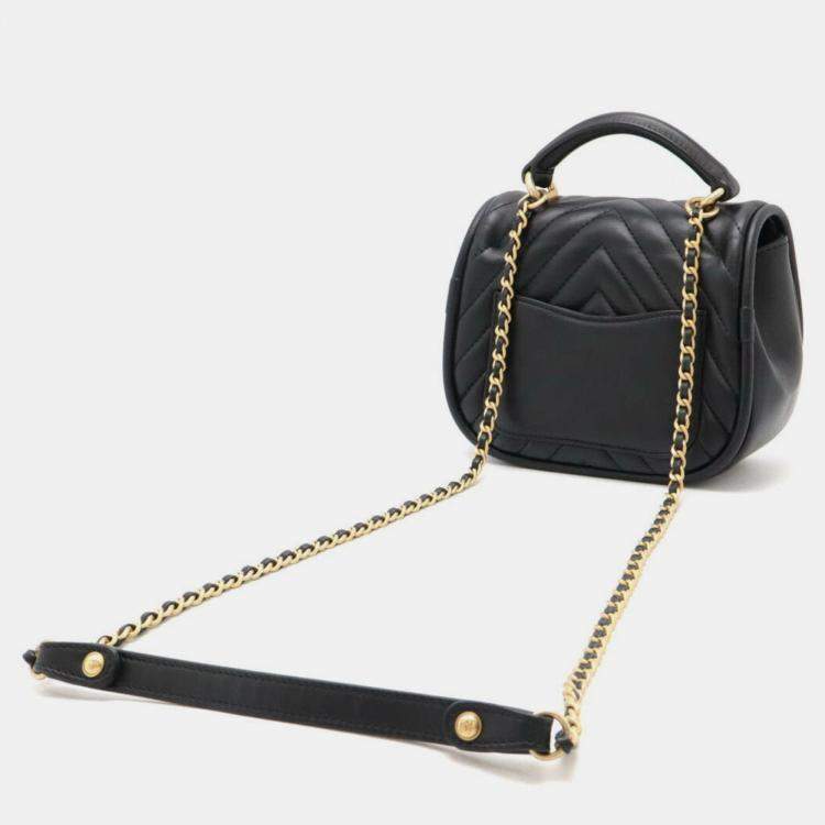 Pre Owned Chanel Reverse Chevron Black Lambskin Top Handle Single Flap Bag
