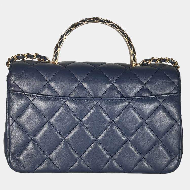 Pre Owned Chanel Lambskin Quilted Metal Top Handle Flap Blue with GHW