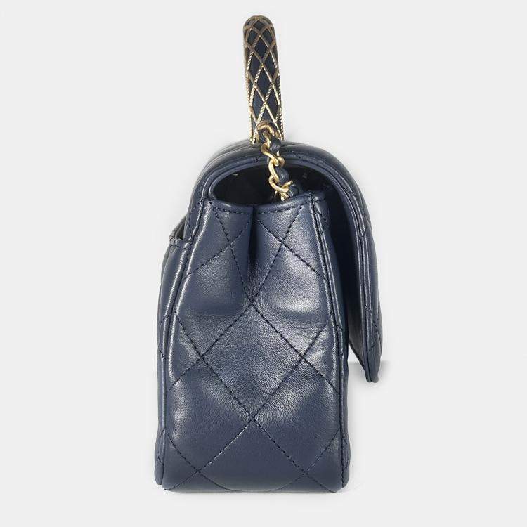 Pre Owned Chanel Lambskin Quilted Metal Top Handle Flap Blue with GHW