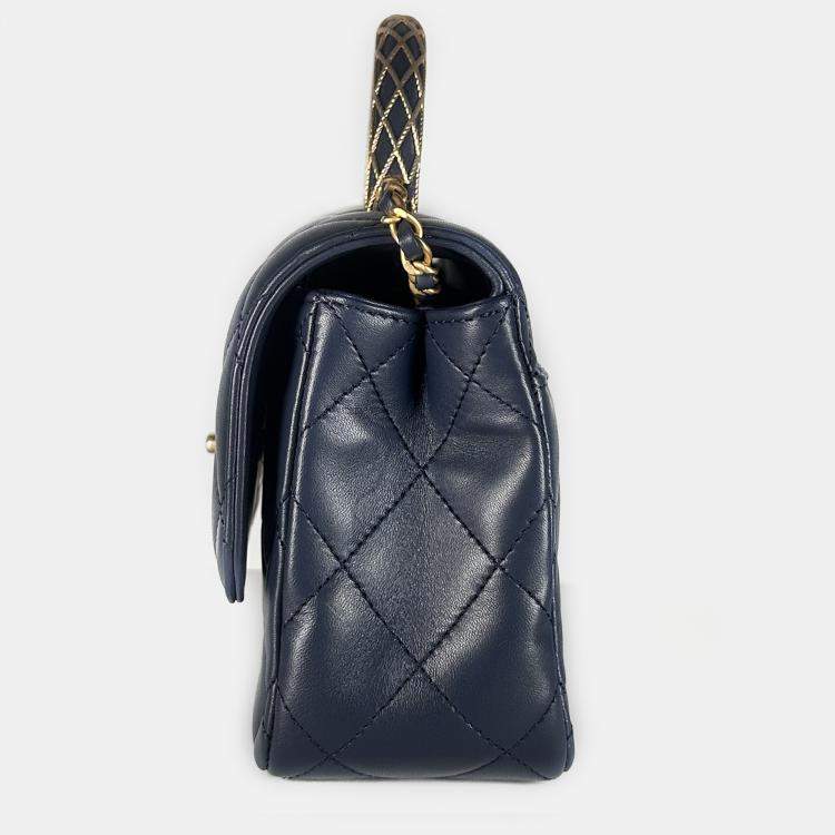 Pre Owned Chanel Lambskin Quilted Metal Top Handle Flap Blue with GHW