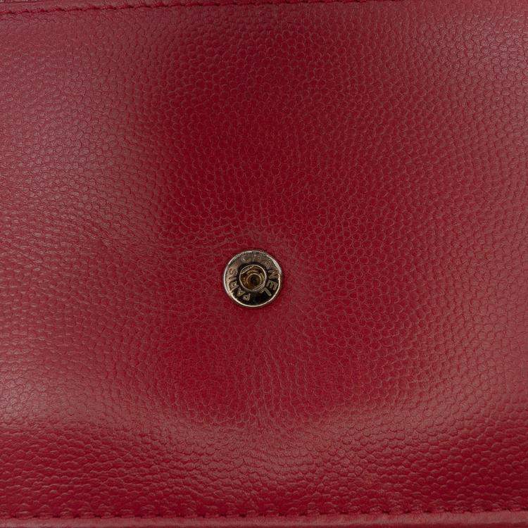 Pre Owned Chanel Red CC Caviar Sevruga Wallet On Chain