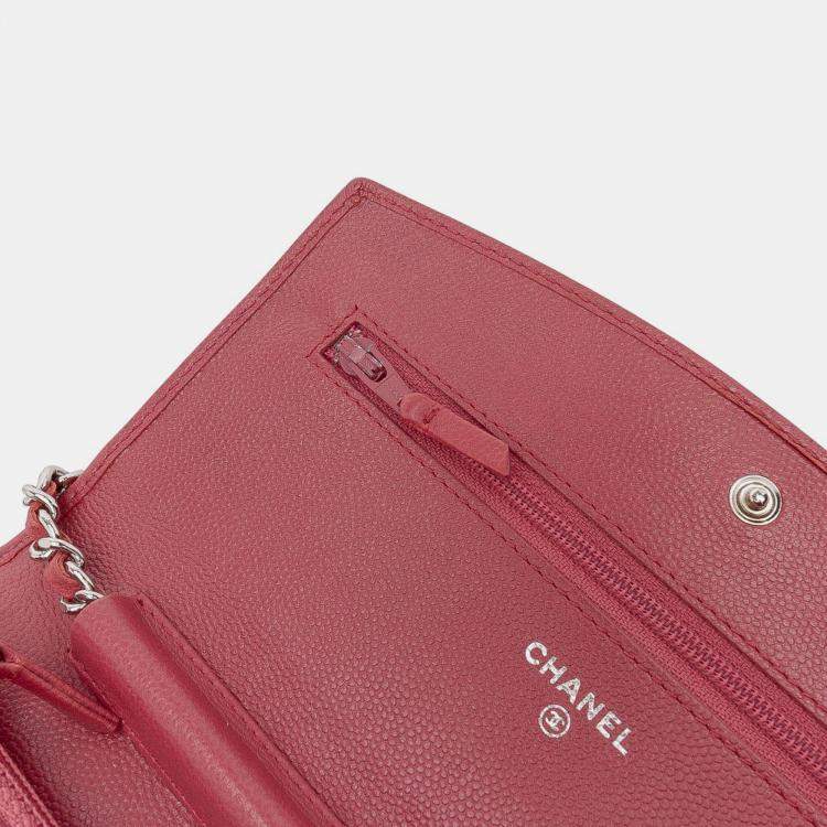 Pre Owned Chanel Red CC Caviar Sevruga Wallet On Chain