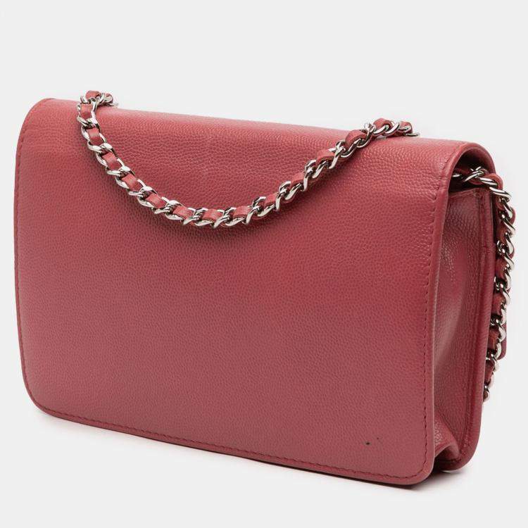 Pre Owned Chanel Red CC Caviar Sevruga Wallet On Chain