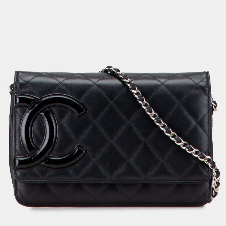 Pre Owned Chanel Black Lambskin Cambon Ligne Wallet On Chain
