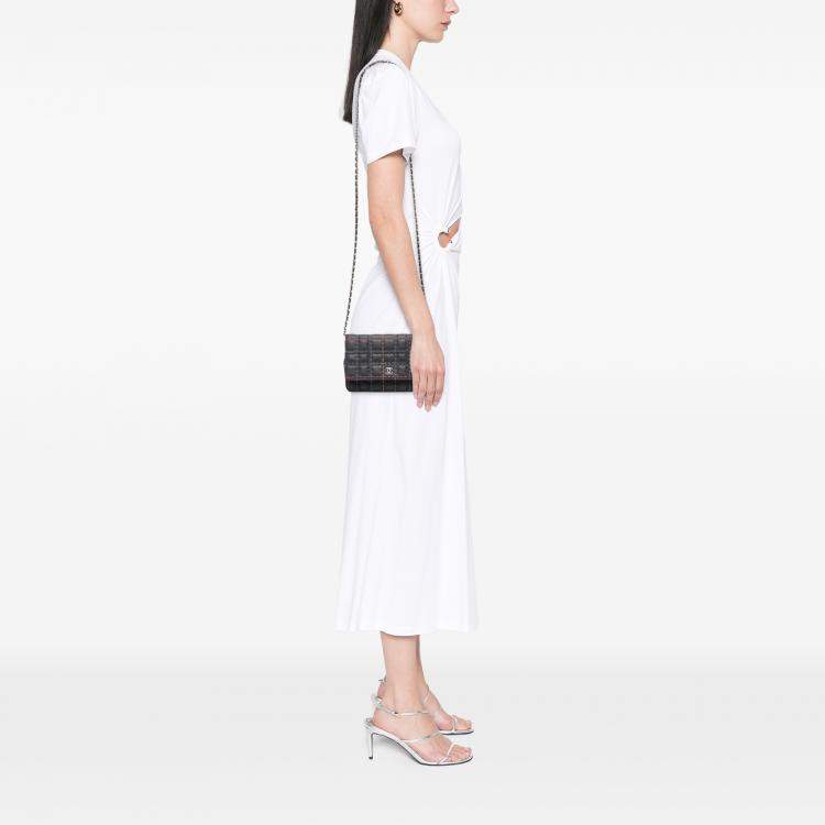 Pre Owned Chanel Blue CC Square Stitched Calfskin Wallet on Chain