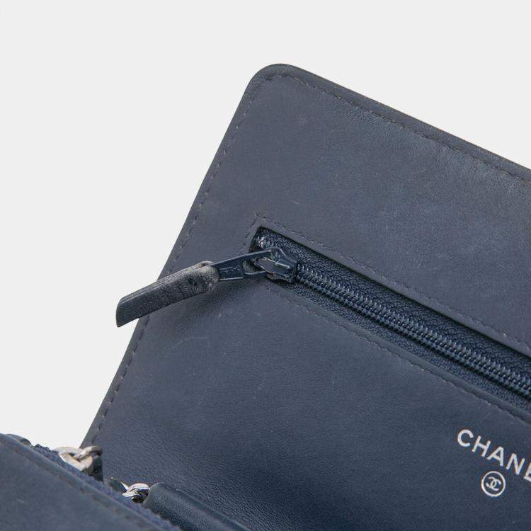 Pre Owned Chanel Blue CC Square Stitched Calfskin Wallet on Chain