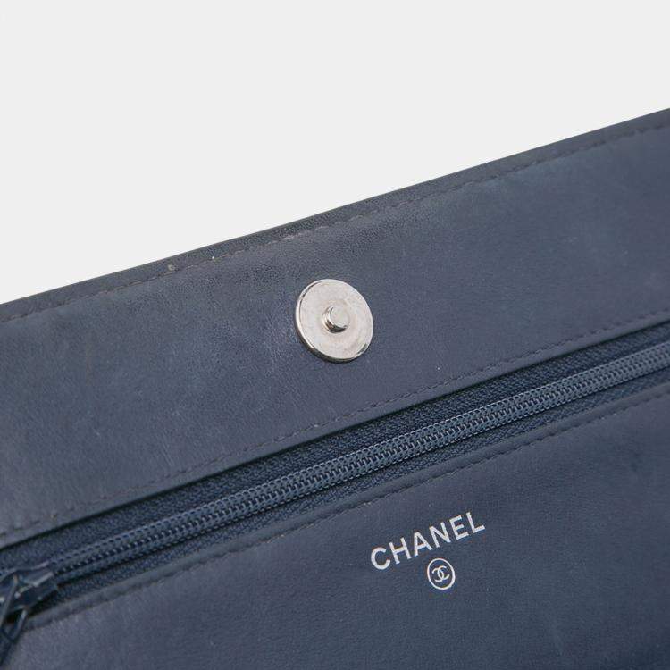 Pre Owned Chanel Blue CC Square Stitched Calfskin Wallet on Chain