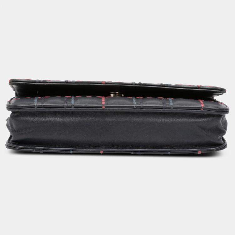 Pre Owned Chanel Blue CC Square Stitched Calfskin Wallet on Chain