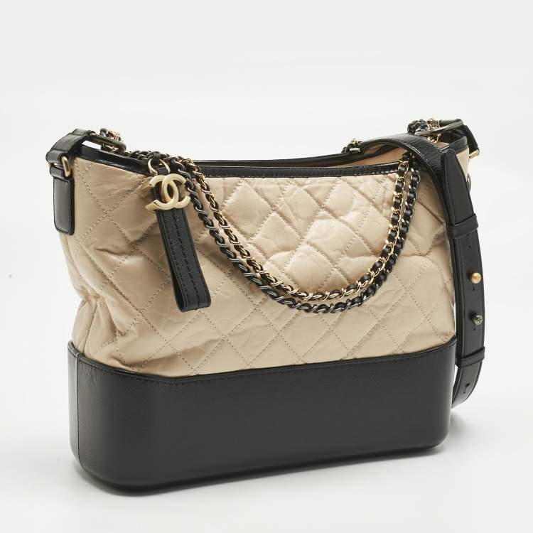 Pre Owned Chanel Beige/Black Quilted Aged Leather Medium Gabrielle Hobo