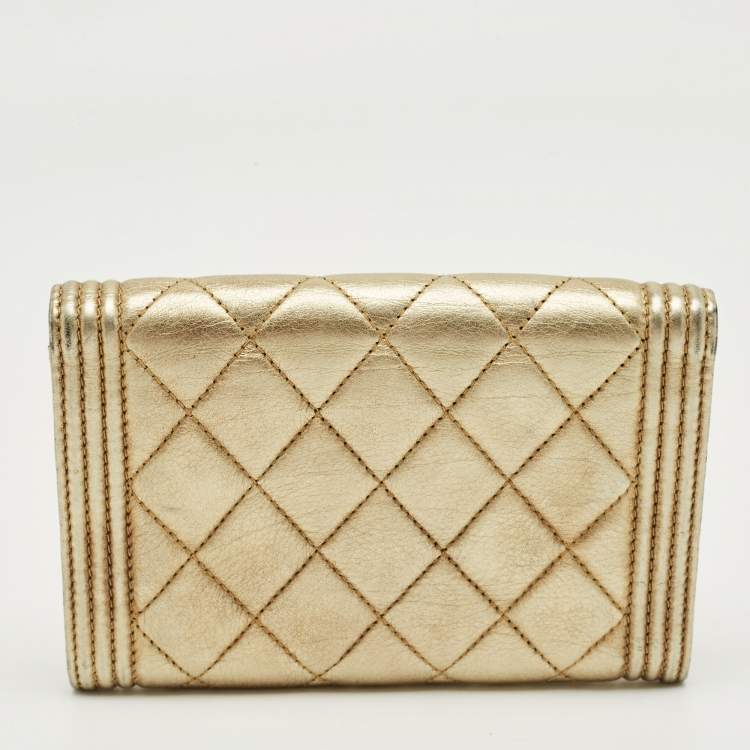 Pre Owned Chanel Gold Quilted Leather Boy Flap Wallet