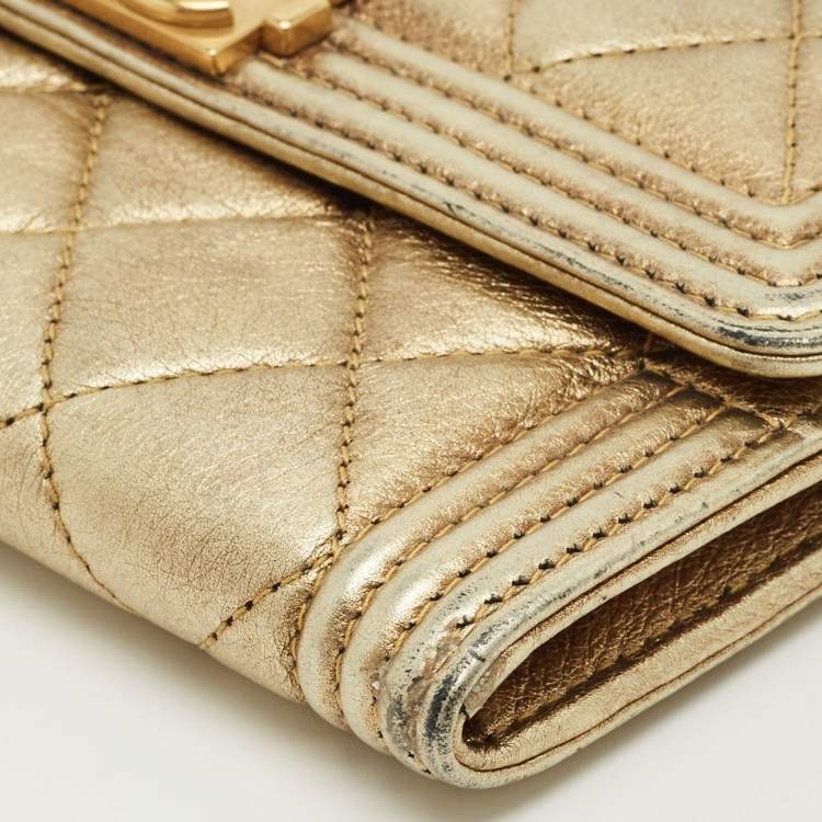 Pre Owned Chanel Gold Quilted Leather Boy Flap Wallet