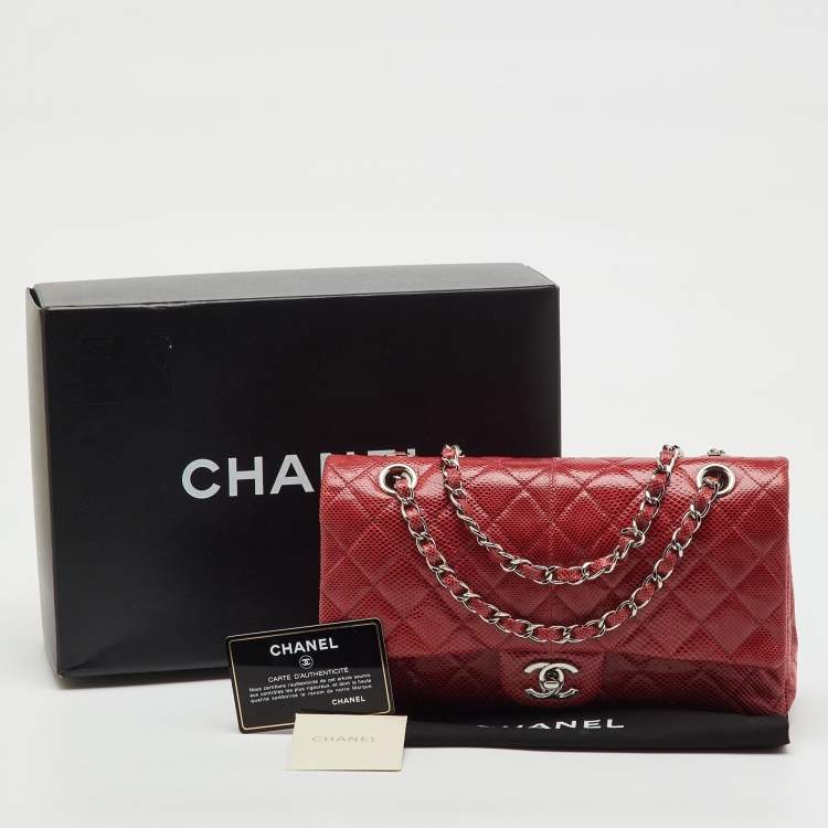 Pre Owned Chanel Red Quilted Snakeskin Medium Classic Double Flap Bag