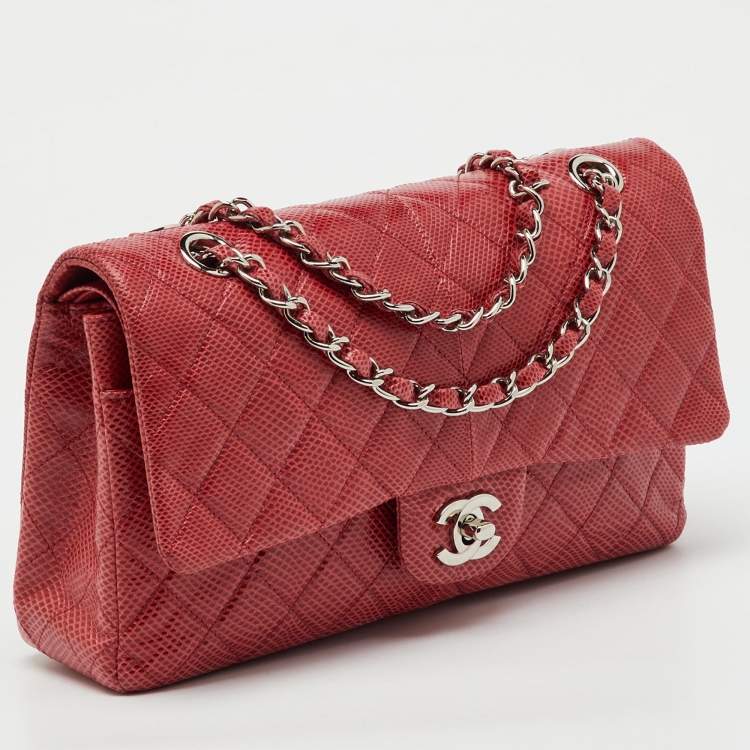 Pre Owned Chanel Red Quilted Snakeskin Medium Classic Double Flap Bag