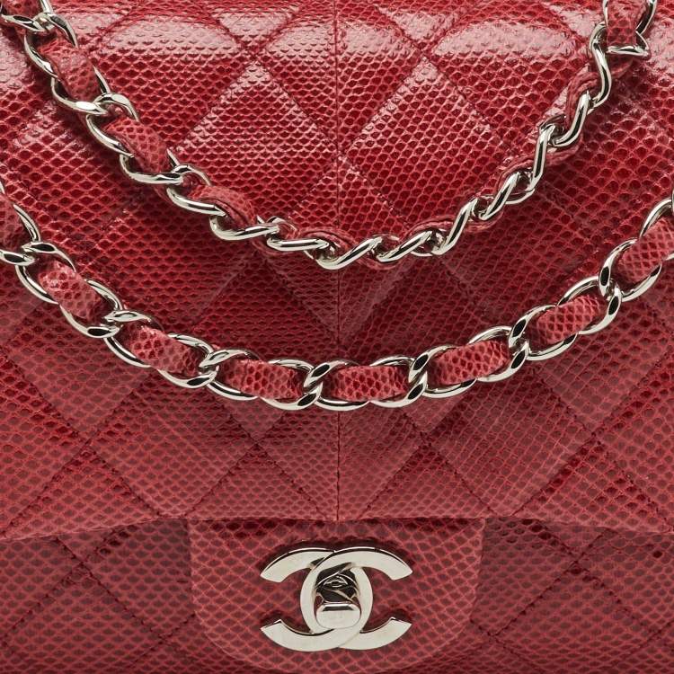 Pre Owned Chanel Red Quilted Snakeskin Medium Classic Double Flap Bag