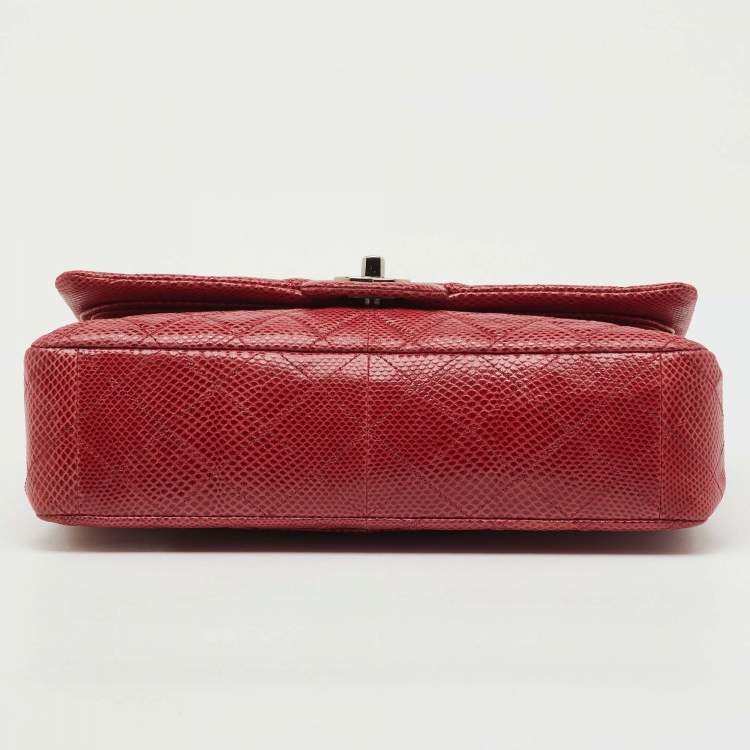 Pre Owned Chanel Red Quilted Snakeskin Medium Classic Double Flap Bag