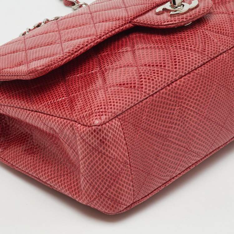 Pre Owned Chanel Red Quilted Snakeskin Medium Classic Double Flap Bag