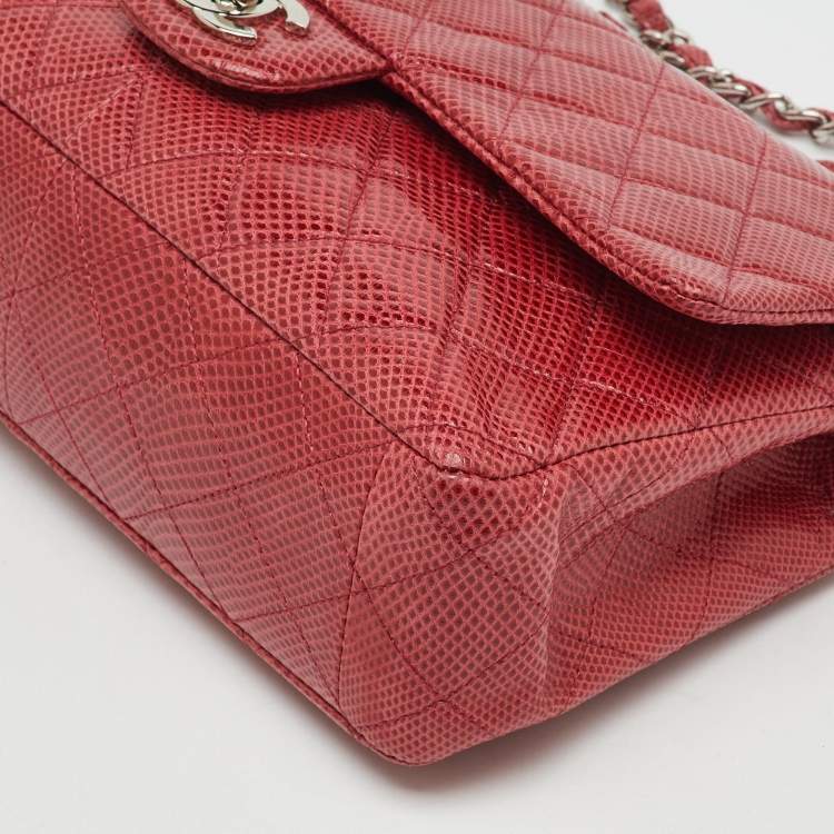 Pre Owned Chanel Red Quilted Snakeskin Medium Classic Double Flap Bag