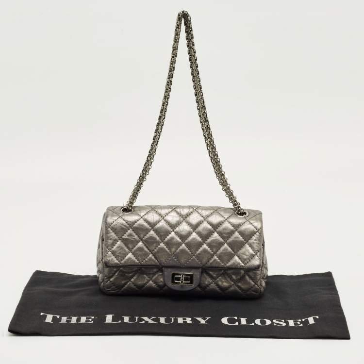 Pre Owned Chanel Metallic Grey Quilted Leather Triple Compartment Reissue Flap Bag