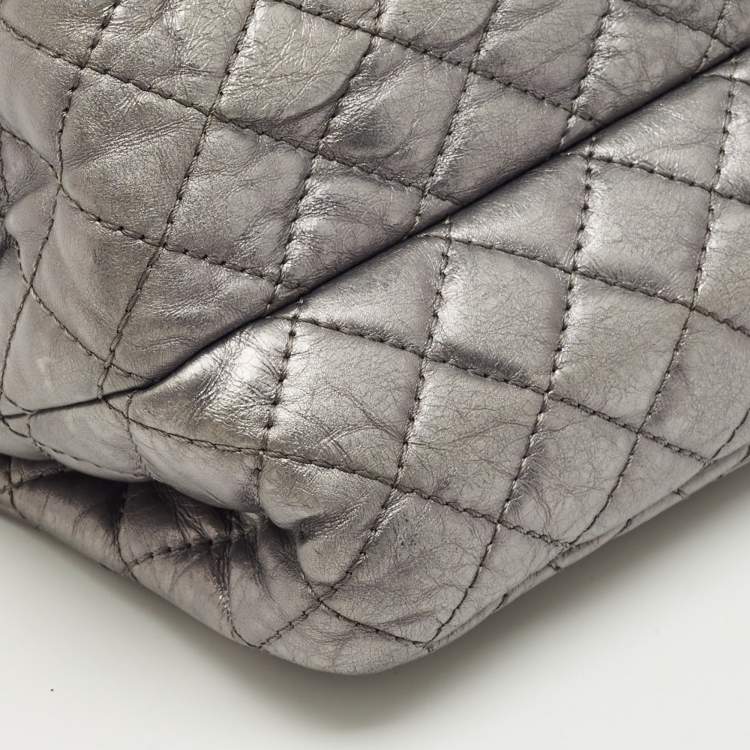 Pre Owned Chanel Metallic Grey Quilted Leather Triple Compartment Reissue Flap Bag