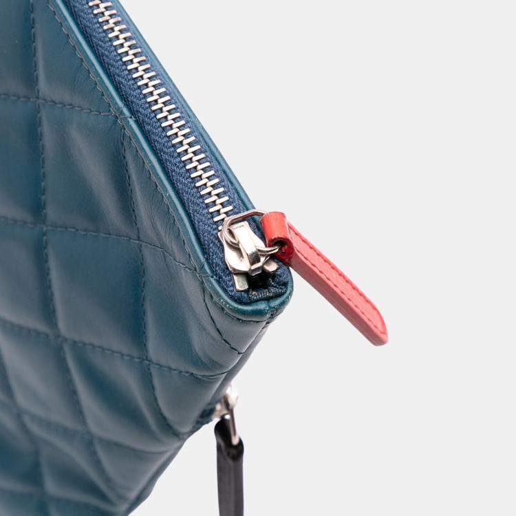 Pre Owned Chanel Blue CC Quilted Lambskin Multi Zip Clutch