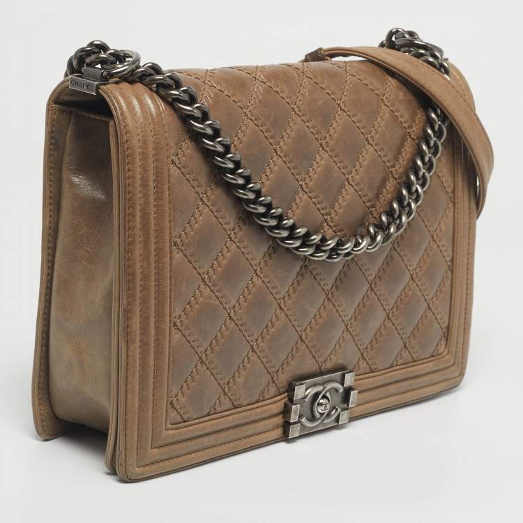 Pre Owned Chanel Beige Double Stitch Quilted Leather Large Boy Flap Bag