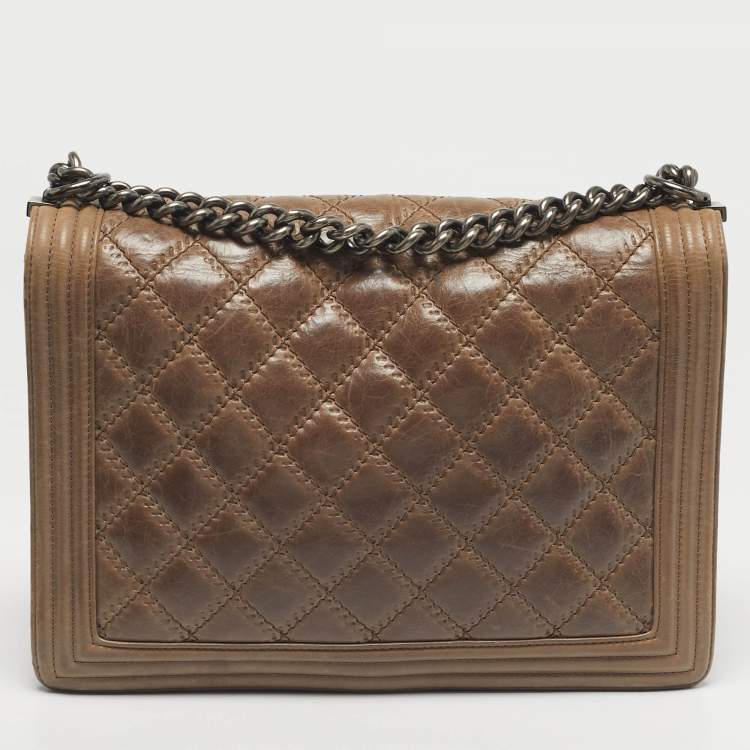 Pre Owned Chanel Beige Double Stitch Quilted Leather Large Boy Flap Bag