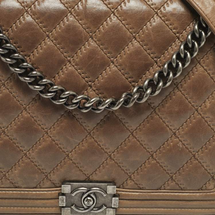 Pre Owned Chanel Beige Double Stitch Quilted Leather Large Boy Flap Bag