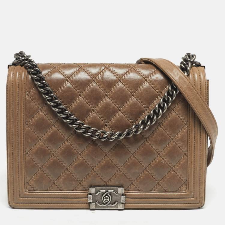 Pre Owned Chanel Beige Double Stitch Quilted Leather Large Boy Flap Bag