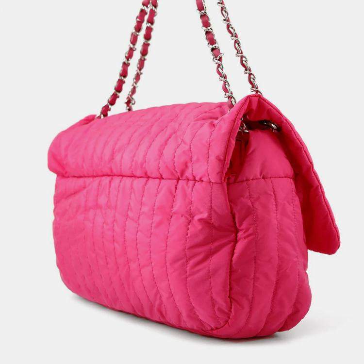 Pre Owned Chanel Mademoiselle Pink Nylon Leather Chain Shoulder Bag 