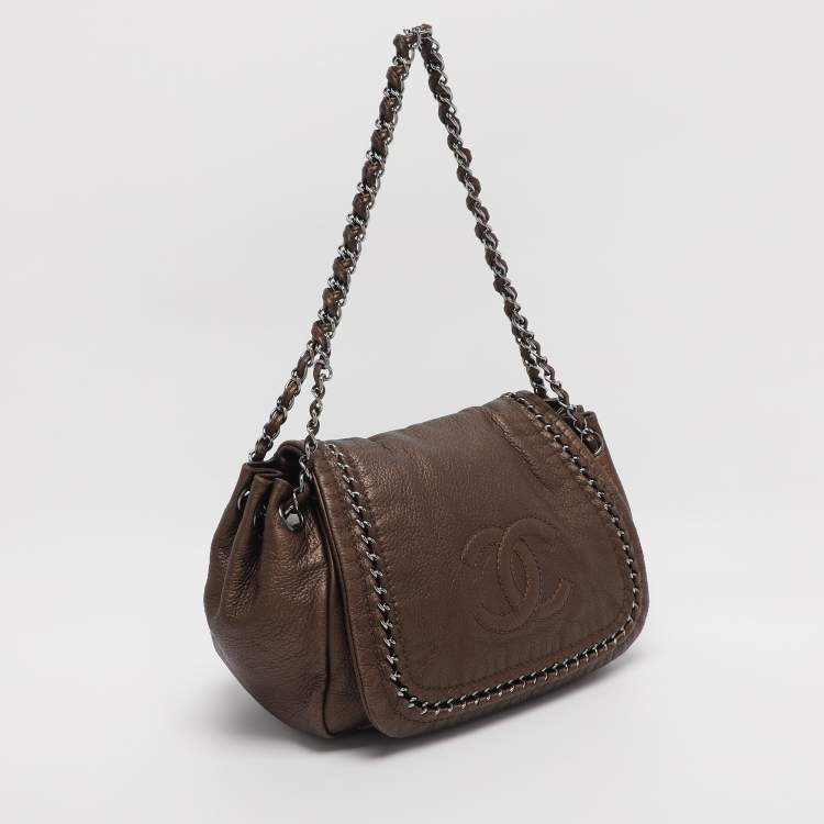 Pre Owned Chanel Metallic Bronze Leather Luxe Ligne Accordion Flap Bag