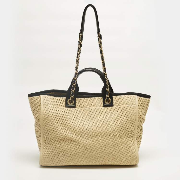Pre Owned Chanel Cream/Black Raffia and Leather Large Deauville Bag