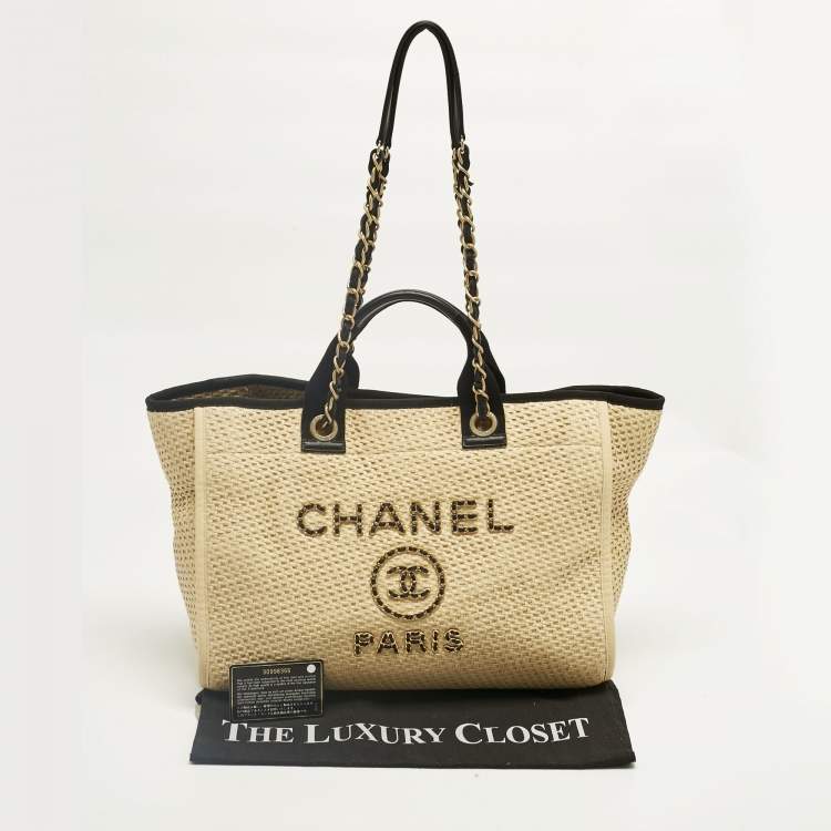 Pre Owned Chanel Cream/Black Raffia and Leather Large Deauville Bag