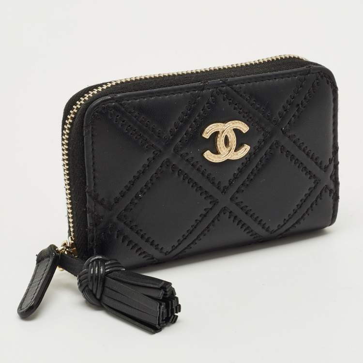Pre Owned Chanel Black Double Stitched Quilted Leather CC Coin Purse