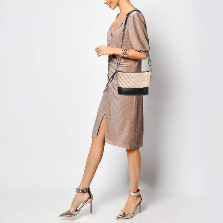 Pre Owned Chanel Beige/Black Quilted Aged Leather Small Gabrielle Hobo