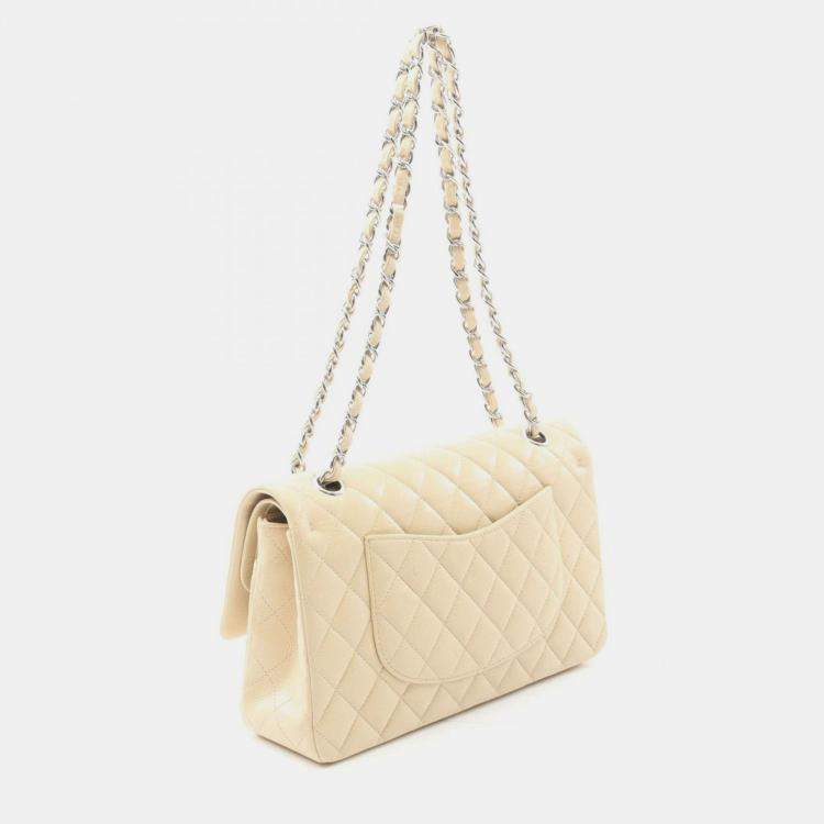 Pre Owned Chanel Classic Double Flap Small Beige Leather Shoulder Bag