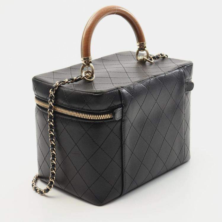 Pre Owned Chanel Vanity Case Black Leather Wooden Top Handle Shoulder Bag