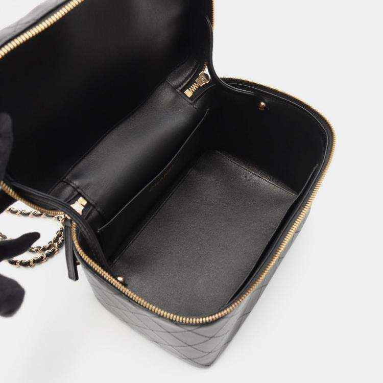 Pre Owned Chanel Vanity Case Black Leather Wooden Top Handle Shoulder Bag