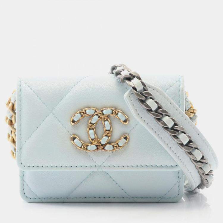 Pre Owned Chanel 19 Blue Leather Coin Purse On Chain