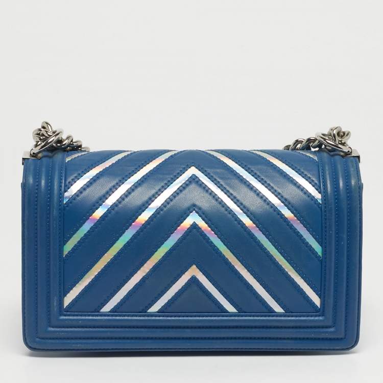 Pre Owned Chanel Blue/Iridescent Chevron PVC and Leather Medium Boy Flap Bag