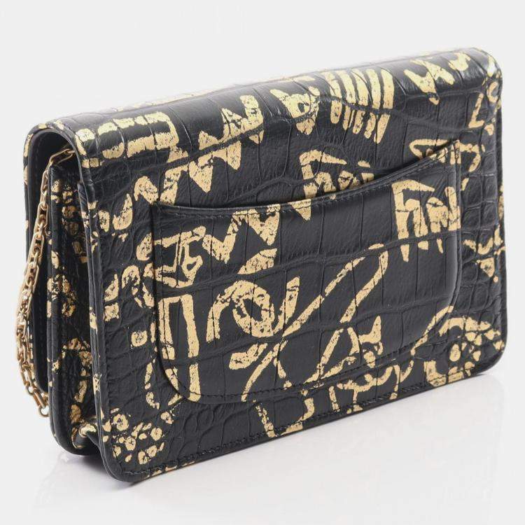 Pre Owned Chanel 2.55 Black Gold Graffiti Leather Shoulder Bag