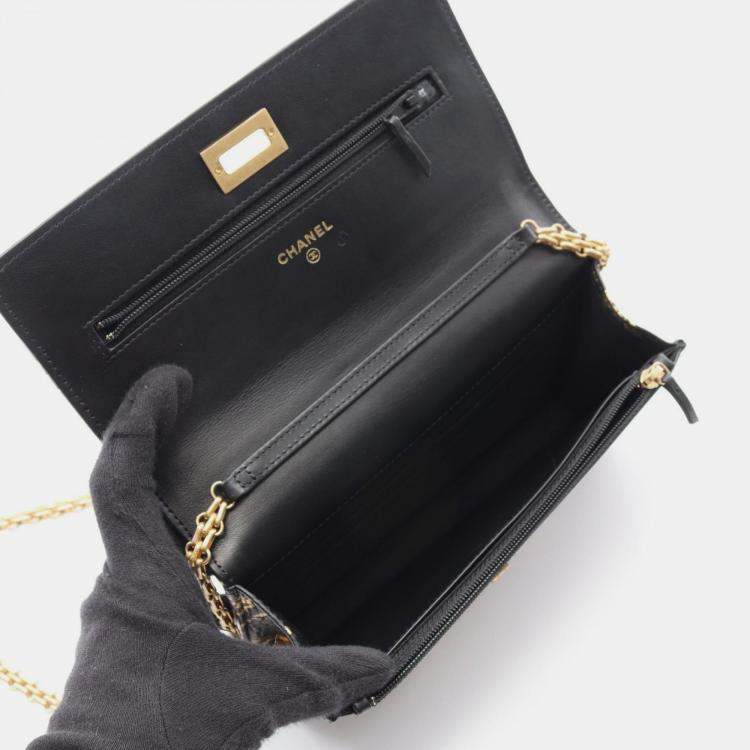 Pre Owned Chanel 2.55 Black Gold Graffiti Leather Shoulder Bag