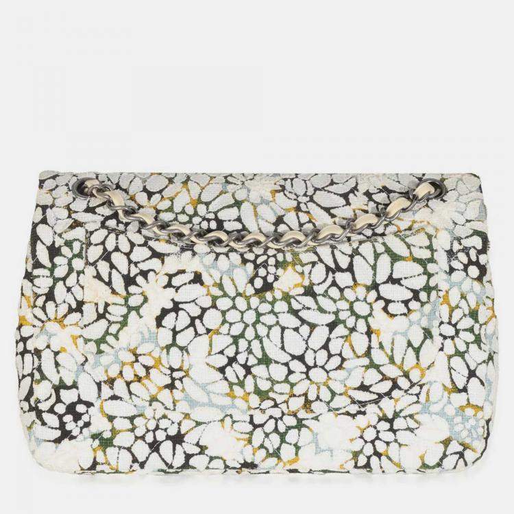 Pre Owned Chanel Multicolor White Cut Out Floral Jumbo Double Flap Bag