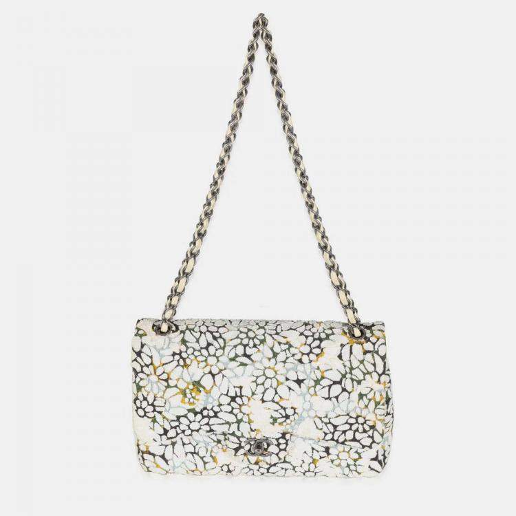 Pre Owned Chanel Multicolor White Cut Out Floral Jumbo Double Flap Bag