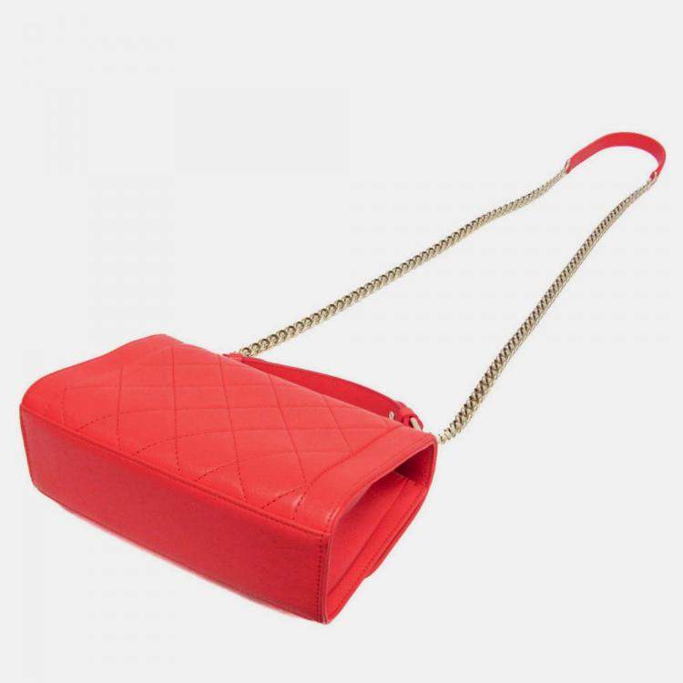 Pre Owned Chanel Orange Leather Matelasse Label Click Chain Shoulder Bag