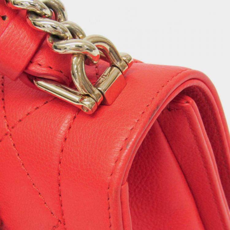 Pre Owned Chanel Orange Leather Matelasse Label Click Chain Shoulder Bag