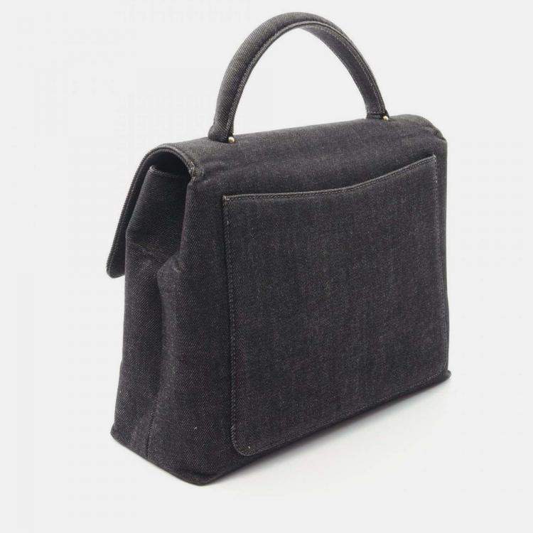 Pre Owned Chanel Coco Mark Gray Denim Handbag 